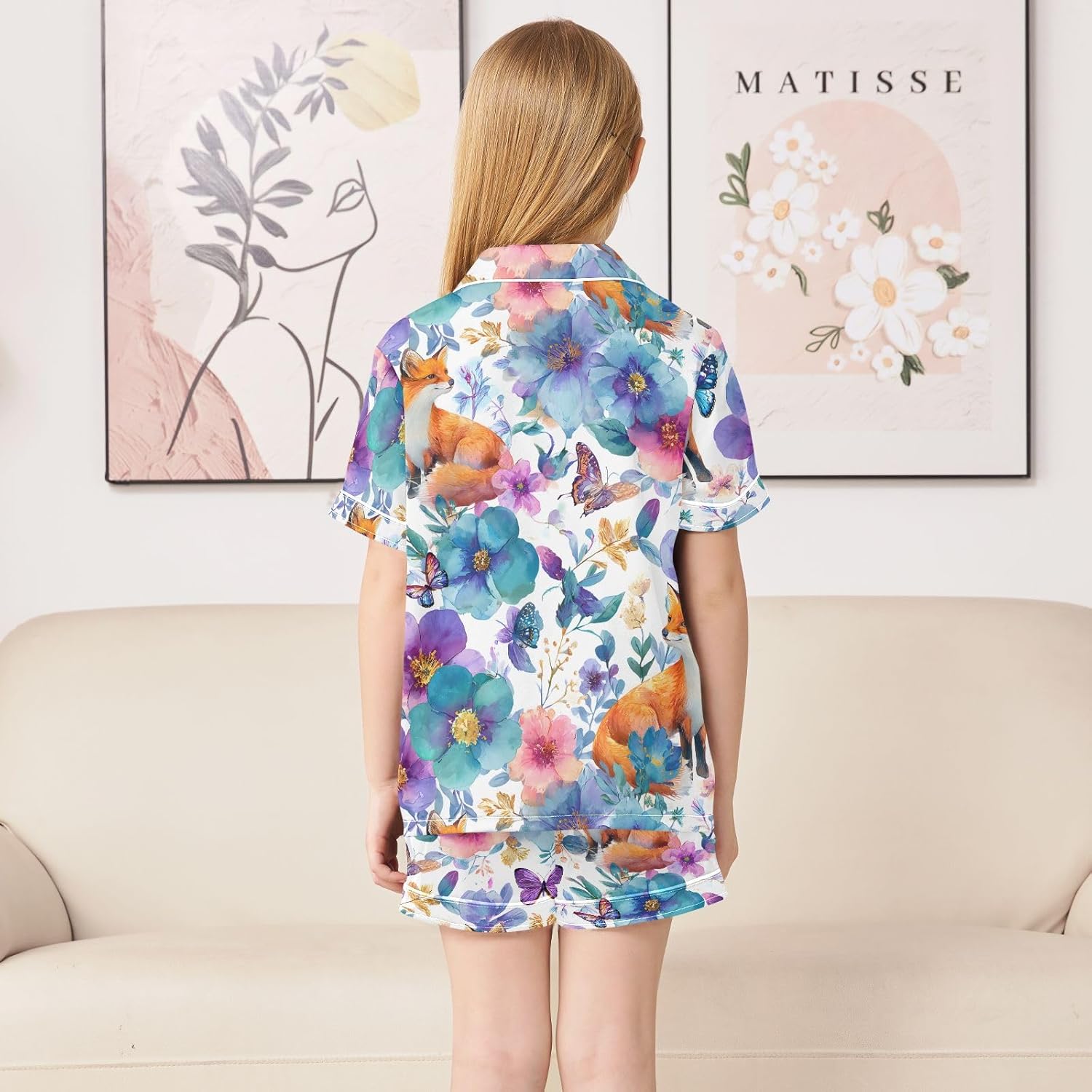 Kids Satin Wear Set Flower Butterfly Fox Pattern Relaxed Fit Clothing Short Sleeve and Shorts