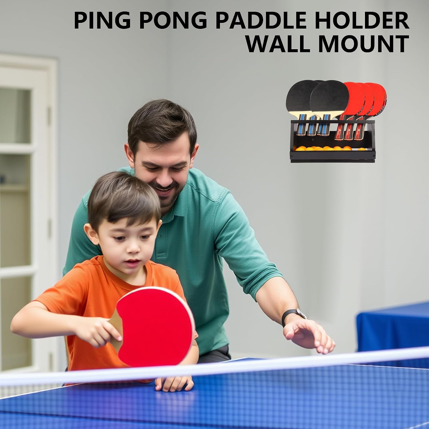 Ping Pong Paddle Holder Wall Mount & Desktop 2-in-1,Table Tennis Racket Display Organizer Holds 8 Rackets, Ping Pong Paddle Storage Rack in Game Room, Man Cave, Office, Home