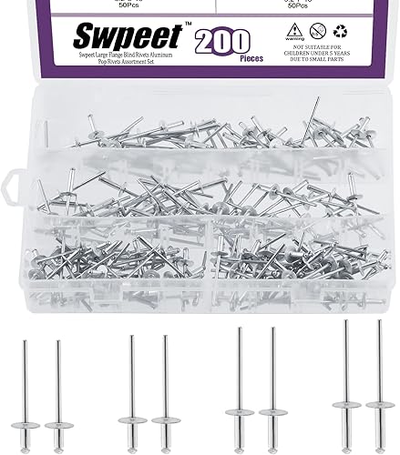Swpeet Juego de 200 remaches ciegos de aluminio de 1/8 pulgadas x 9/32 pulgadas / 11/32 pulgadas / 7/16 pulgadas / 33/64 pulgadas / 33/64 pulgadas,