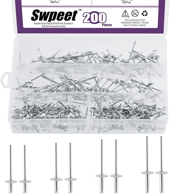 Swpeet 200Pcs 1/8" x 9/32" / 11/32" / 7/16" / 33/64" Large Flange Aluminum Blind Rivets Kit, Silver Pop Rivets Open End Type Pop Rivet for Indoor and Outdoor Use