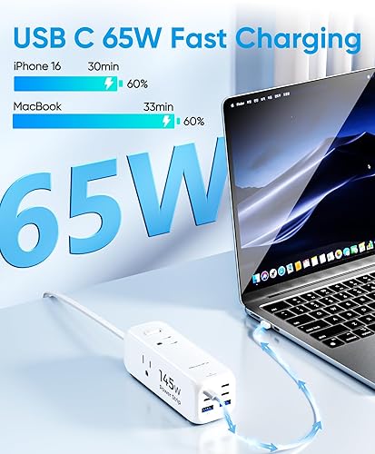 Miniatura 3 de Regleta de alimentación USB de 145 W, cable de extensión de enchufe plano de 5 pies con 3 salidas de CA, 6 puertos USB (4 USB C y 2 USB A),