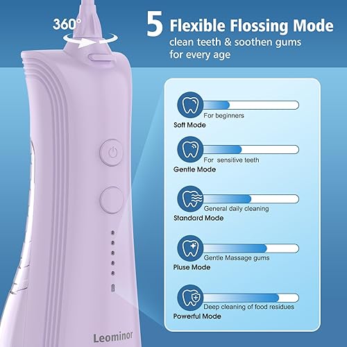 Miniatura 2 de Leominor Irrigador dental de agua - Irrigador oral portátil inalámbrico con 5 modos, IPX7 impermeable, limpiador de dientes recargable, tanque de