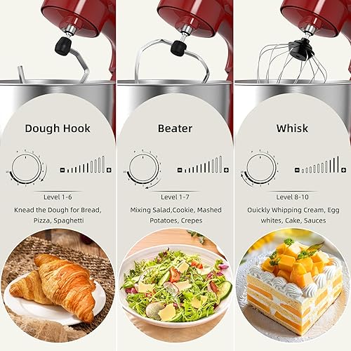 Miniatura 4 de Batidora de pedestal eléctrica, mezcladora de alimentos con cabezal inclinable de 10 velocidades, mezcladora de cocina 3-EN-1 para cocineros diarios