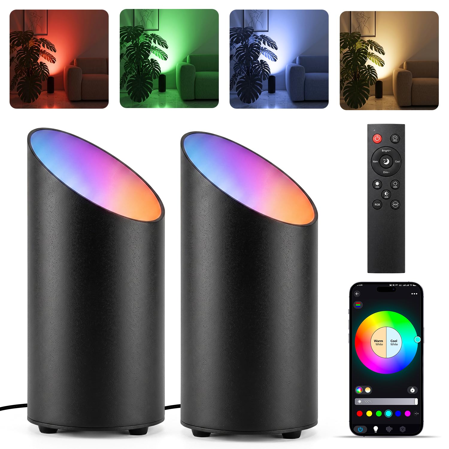 8W RGBW LED Uplight Spot Regulable, Lámpara de Suelo con Mando a Distancia/Interruptor de Pie, Control mediante aplicación, Temporizador, Modo Música Para Interiores Plantas Murales, (negro, 2 Pack)