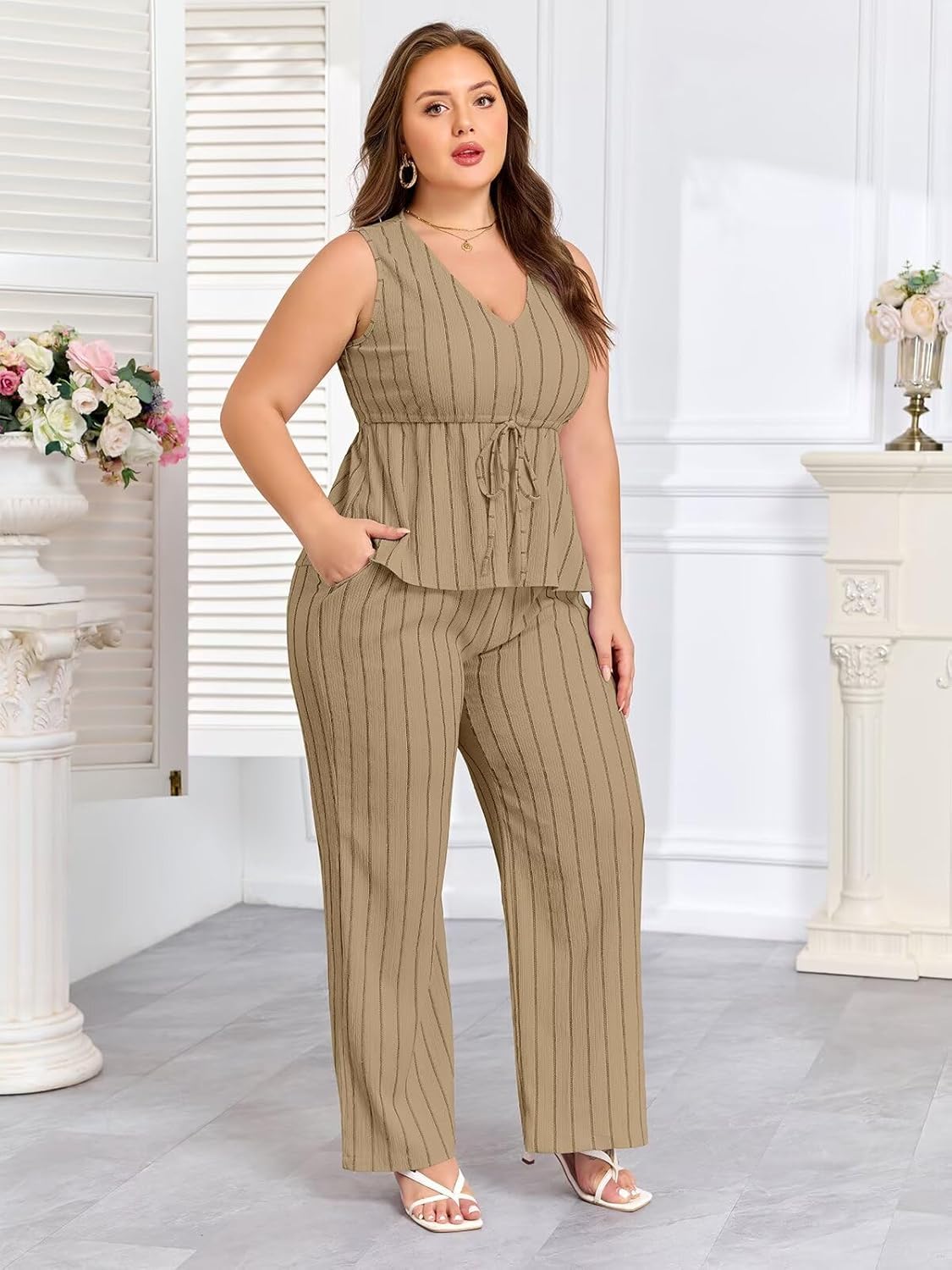 Ekaliy Women’s 2 Piece Outfit V Neck Sleeveless Top Matching Wide Leg Pants with Pockets Casual Travel Lounge Sets - Image 5