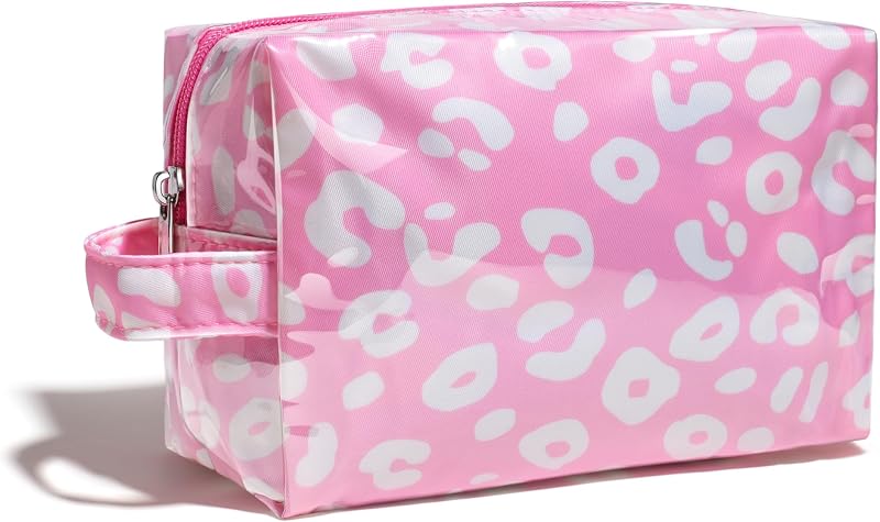 Necessaire Fozira de PVC com listras e zíper, estampa Pink leopard print