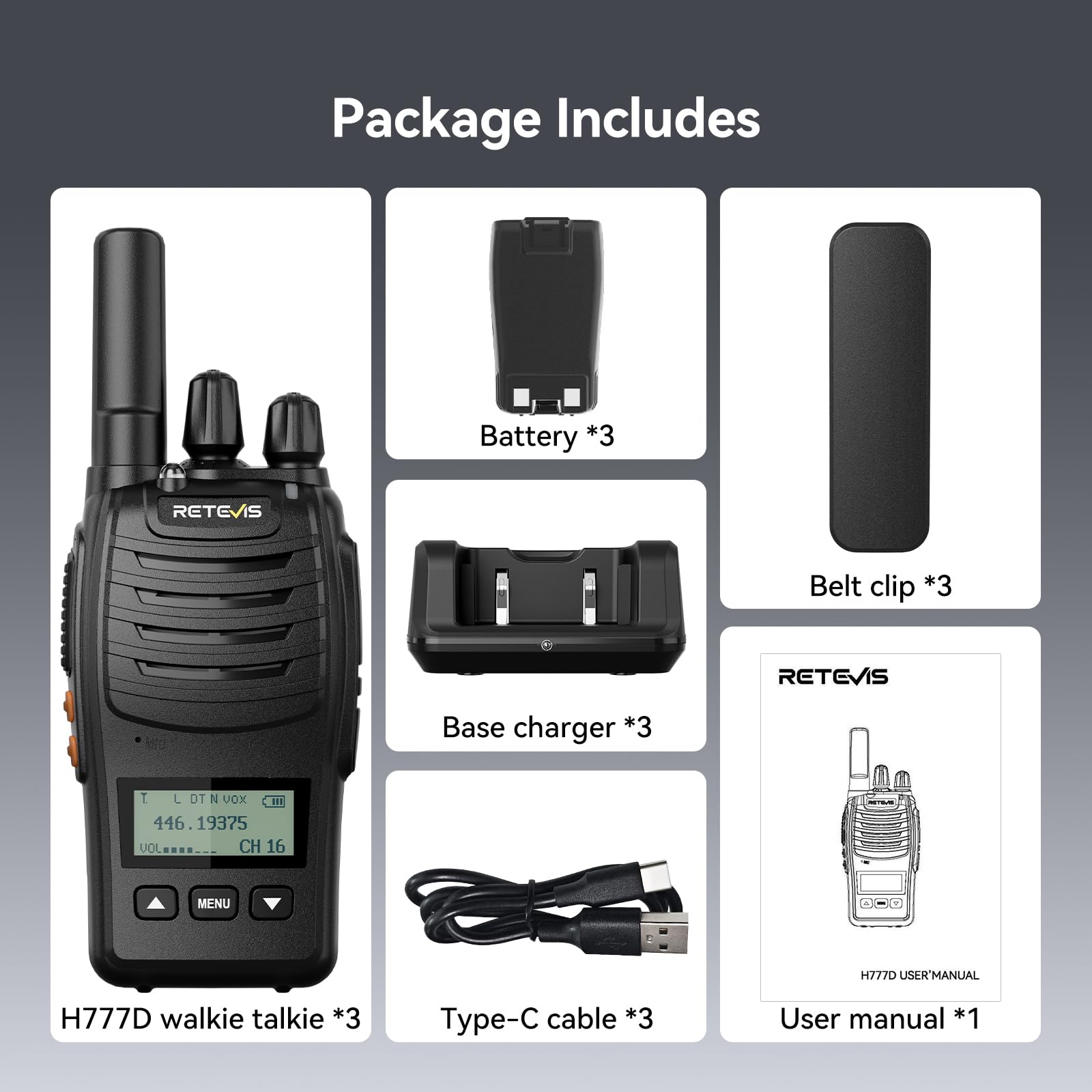 Retevis H777D Walkie Talkie, Ekran LCD, PMR446, Ładowanie Typu C, 1200mAh, Proste Parowanie, VOX, Alarm Awaryjny, Ładowalne Radio Nadaje się do Centrów Handlowych (3 Sztuki, Czarny)