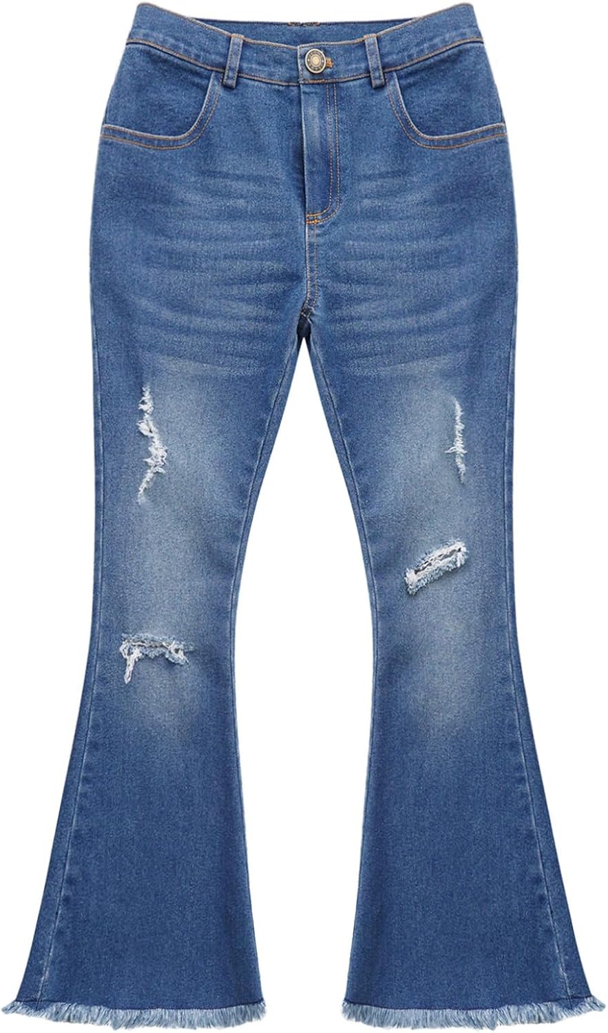 Kids Girls Jean Pants Ripped Denim Bell-Bottom Long Pants High Waist Wide Leg Leggings Trousers Casual Wear