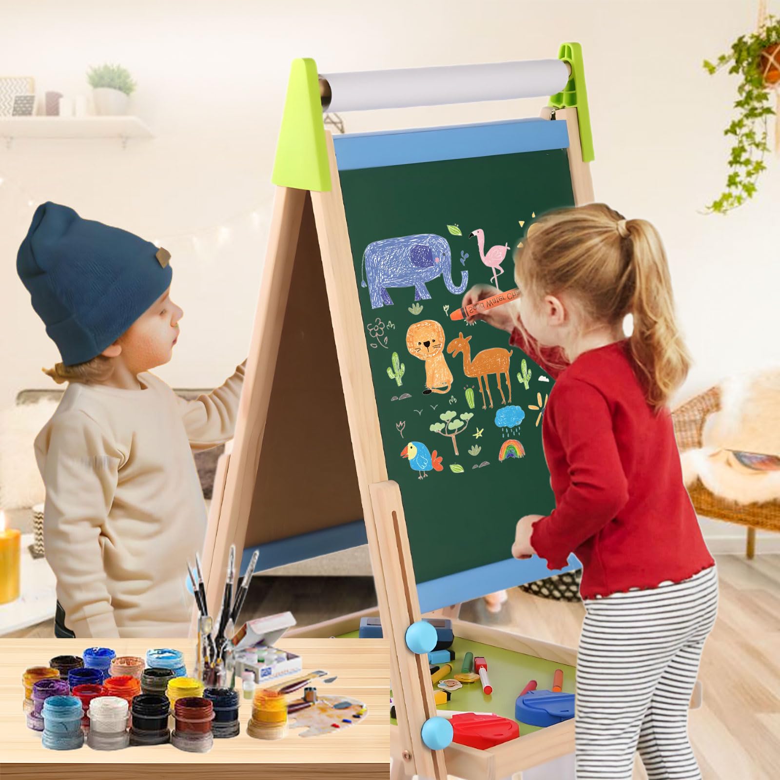 Chevalet Peinture Enfant 3-en-1 - Tableau Blanc Magnétique + Noir, Hauteur Réglable, Accessoires Inclus