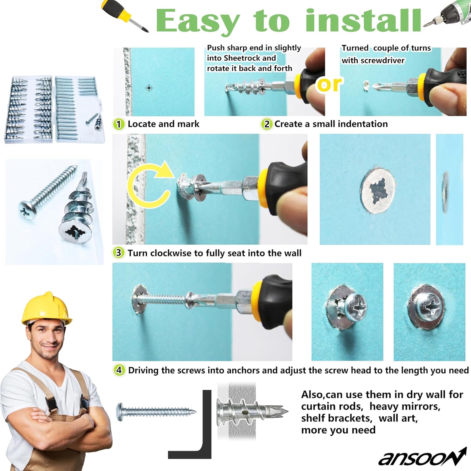 Zinc Self-Drilling Drywall Anchors with Screws Kit, 50 Pieces