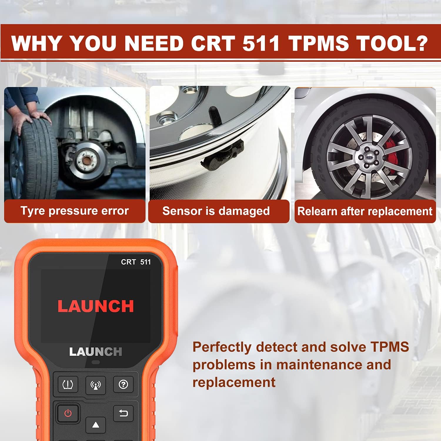 Three images showing common TPMS issues: tyre pressure error, damaged sensor, and relearn after replacement, with the CRT511 tool below