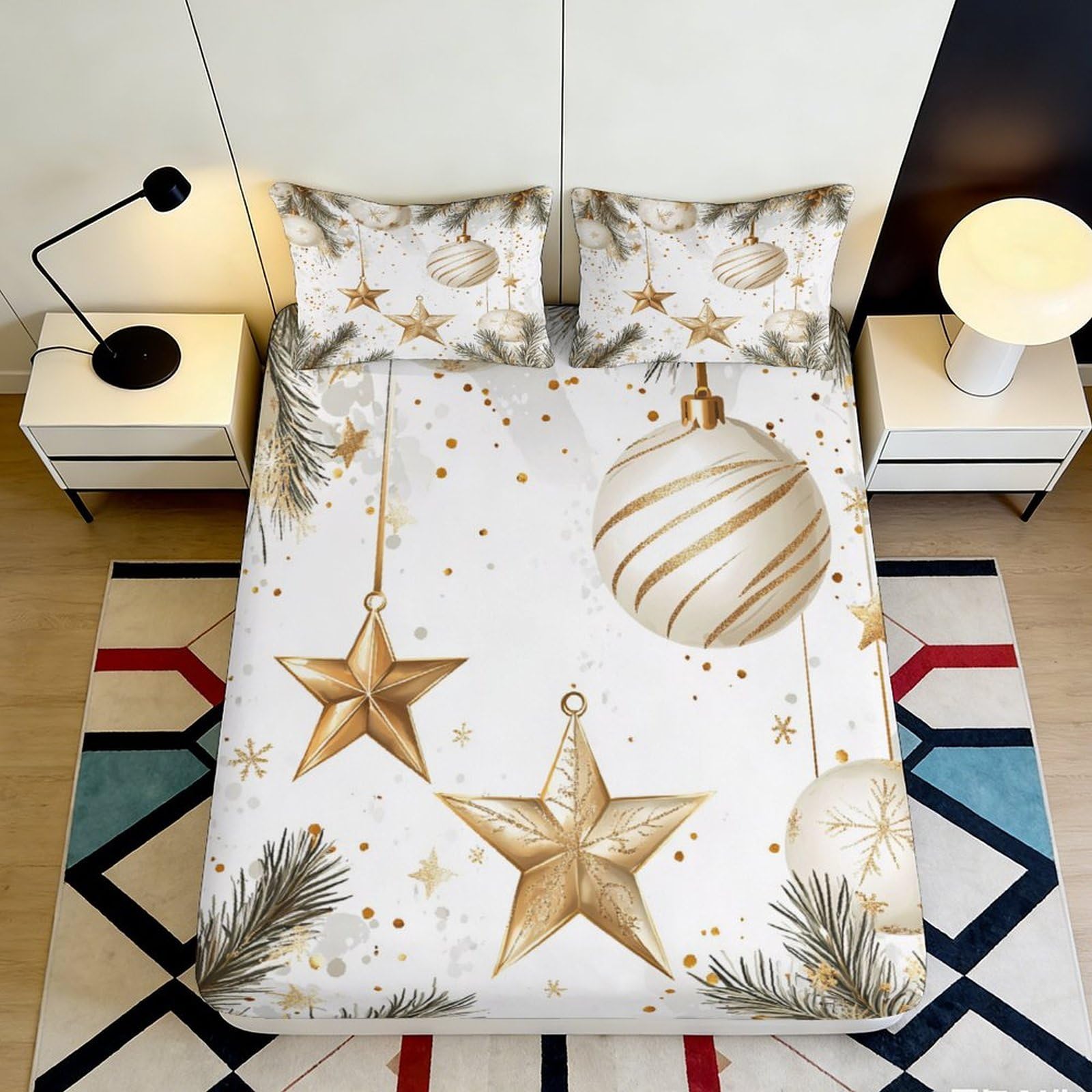 Pnayamiorkfel Style-7 3D Printed Christmas Gold Star Fitted Sheet Microfiber Festive Ornament Bed Cover For Bedroom Guest Room Decor 90X200x25cm