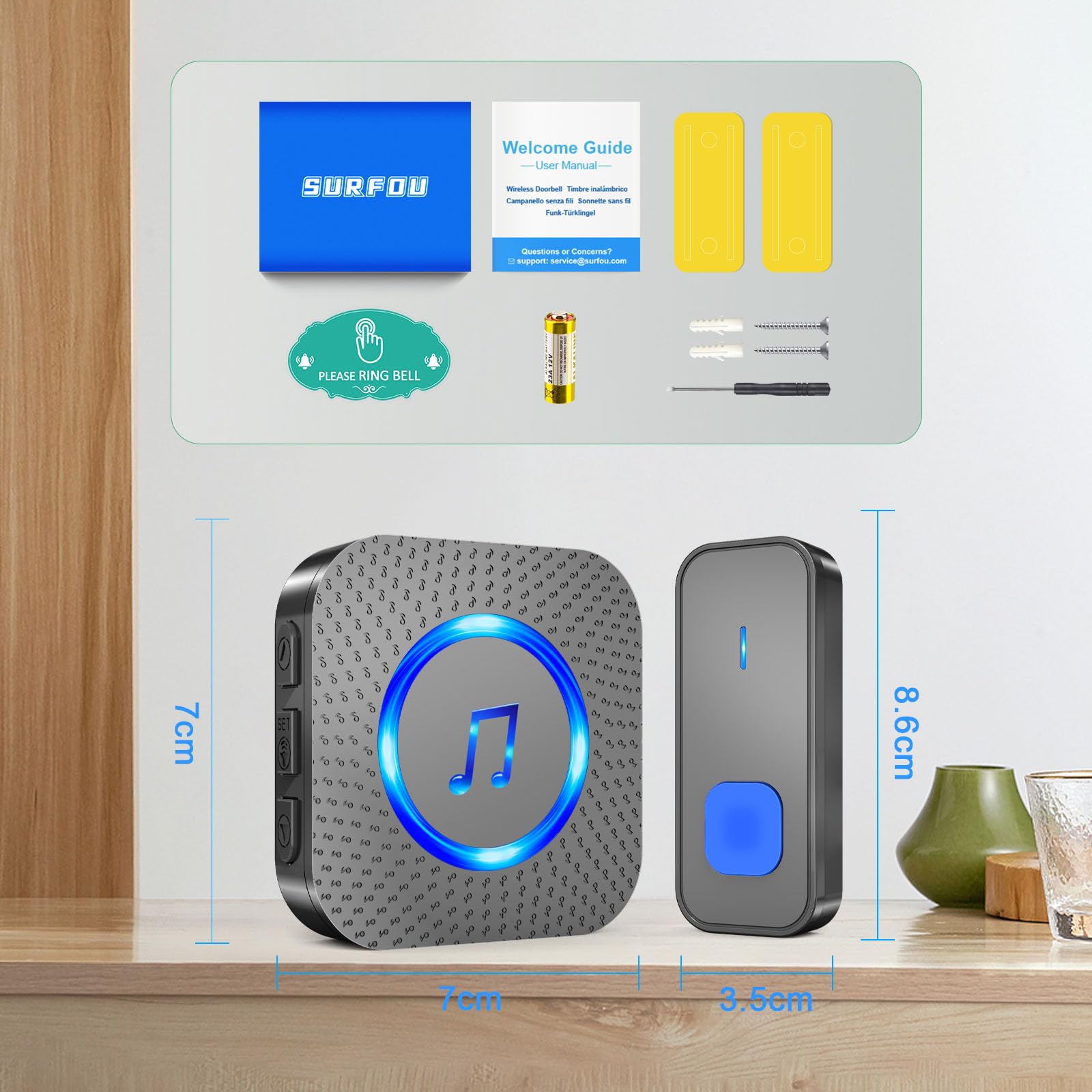 SURFOU Sonnette de porte électrique sans fil étanche avec récepteur enfichable, fonctionne à piles à 0,4 m de long avec 55 mélodies, 5 volumes, flash LED, noir