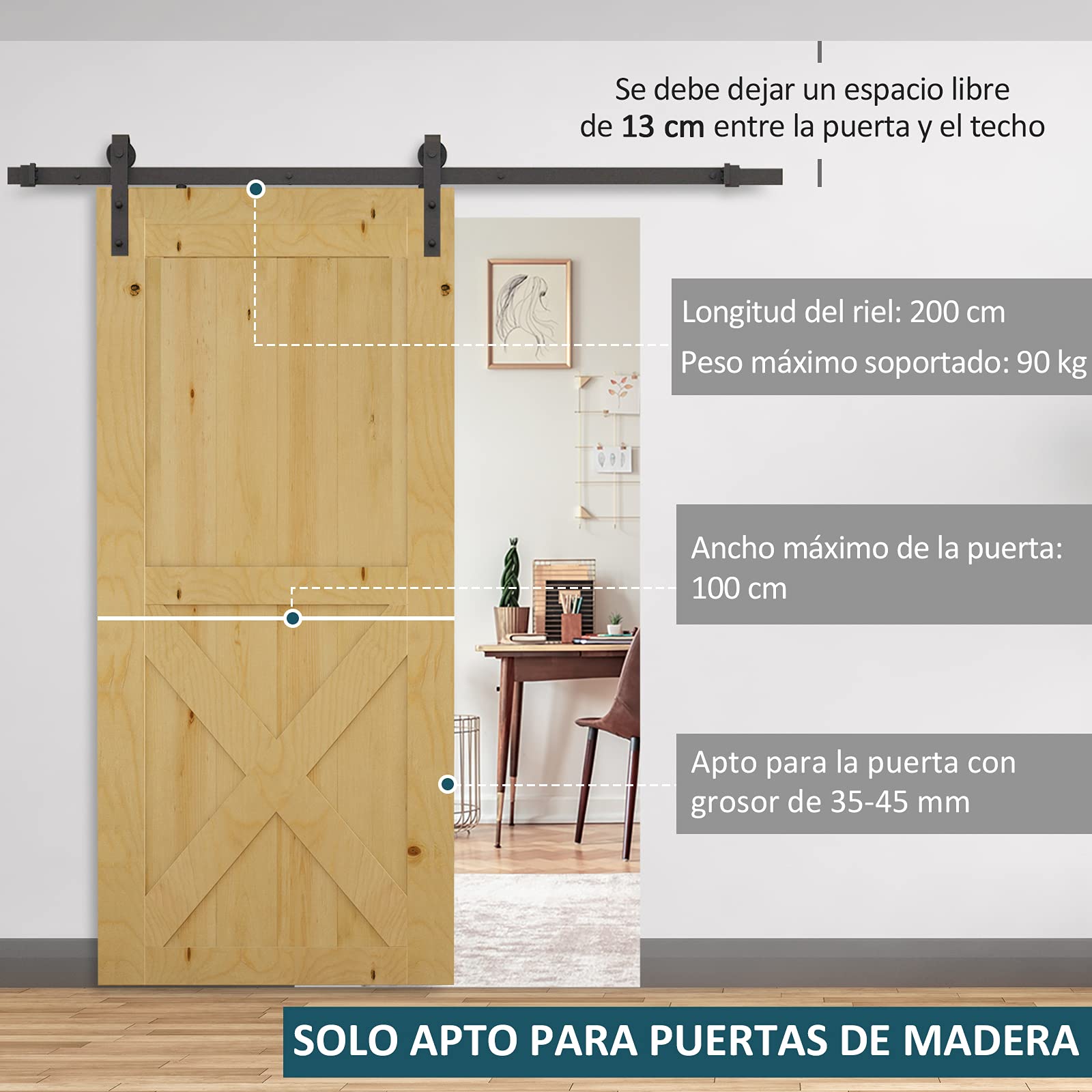HOMCOM 200 cm Herraje para Puerta Corredera de Madera Máx. 90 kg Marrón