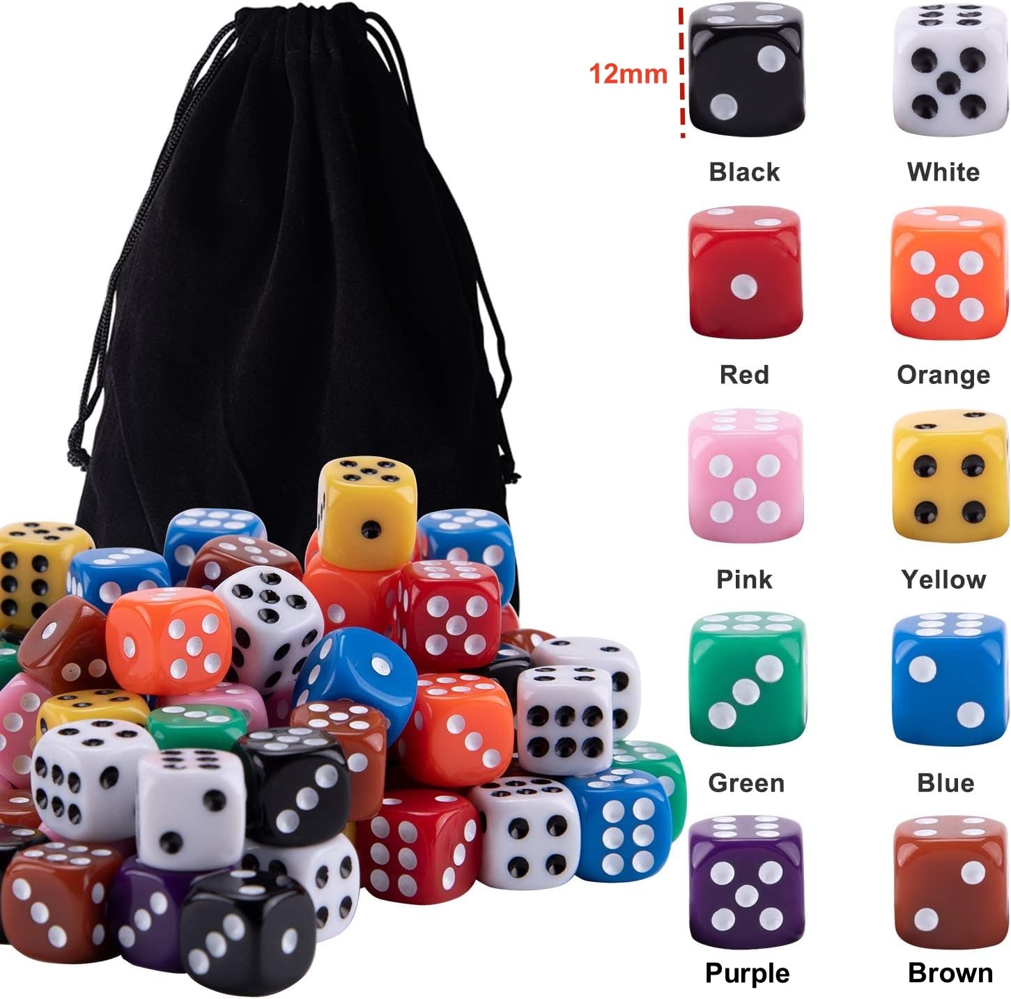 100 Pezzi Dadi Impostato,6 Facce 12mm Dadi,Cubo a sei Lati, per Giochi da Tavolo e Feste,10 Colori