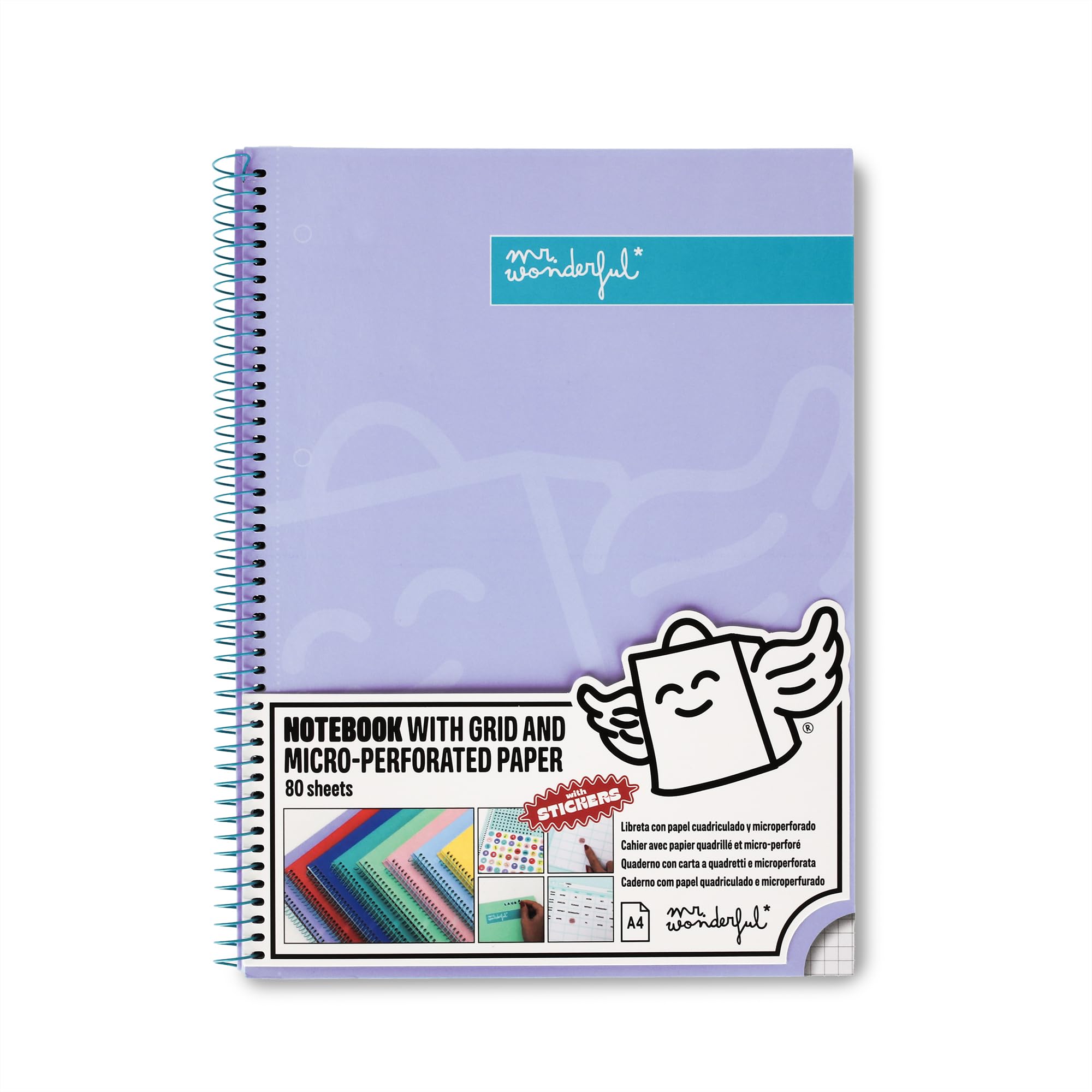 Mr. Wonderful - A4 purple notebook - Grid and micro-perforated sheets - 80 pages - Extra hard cover - Spiral bound - Stickers included