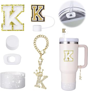 Mity Rain 6pc Cup Accessories Set for Stanley Cup 30 oz & 40 oz Tumbler with Handle, Including Straw Cover, Cap, Initials Charm, Silicone Boot, Spill Proof Stopper - Round & Square, Letter K
