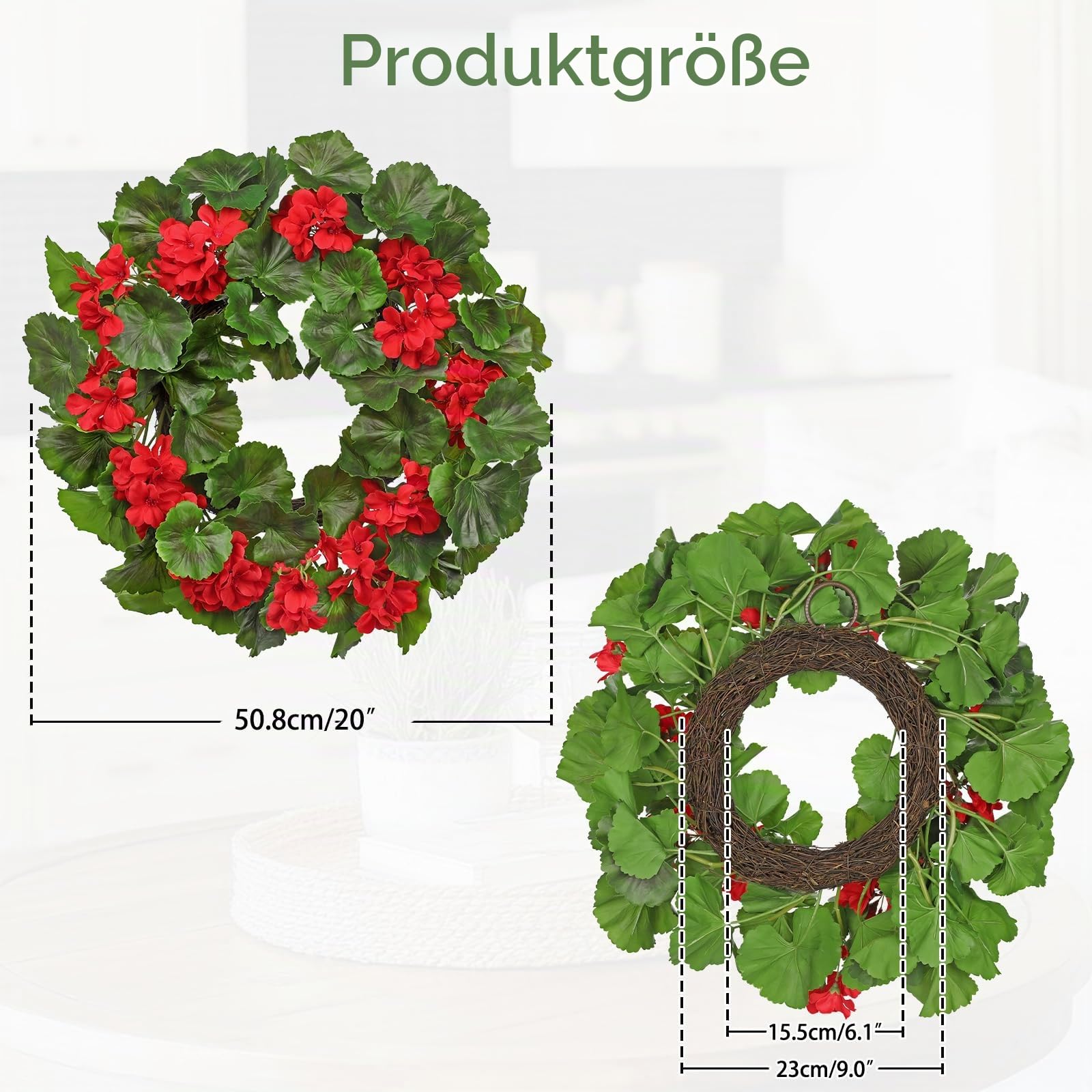 Briful Künstlicher Geranienkranz für Haustür – Roter Blumenkranz mit Seidenblumen & Blättern Wie Echt – Ø 50 cm – Sommerliche Türdekoration für Innen- & Wettergeschützte Außenbereiche