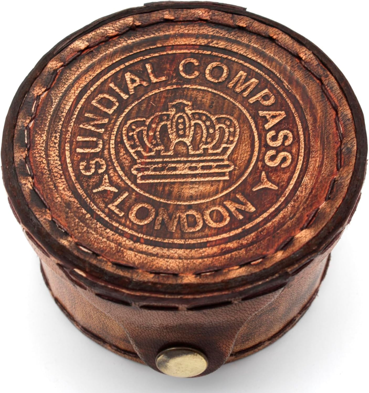 The Vintage Venue Antique Brass Compass with Sundial Calendar Leather Case – Vintage Navigational Instrument with Folding Lid – Collectible Maritime Decor & Gift for Travelers, Explorers.