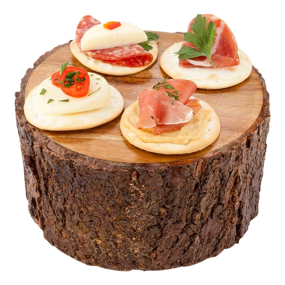 Restaurantware Medium Round Acacia Wood Riser Varnished with Bark D6" x 3" - 1ct Box - Restaurantware