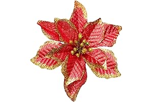 KEPATO Christmas Glitter Poinsettia Artificial Flowers Christmas Tree Ornaments Pack of 12(Burgundy)
