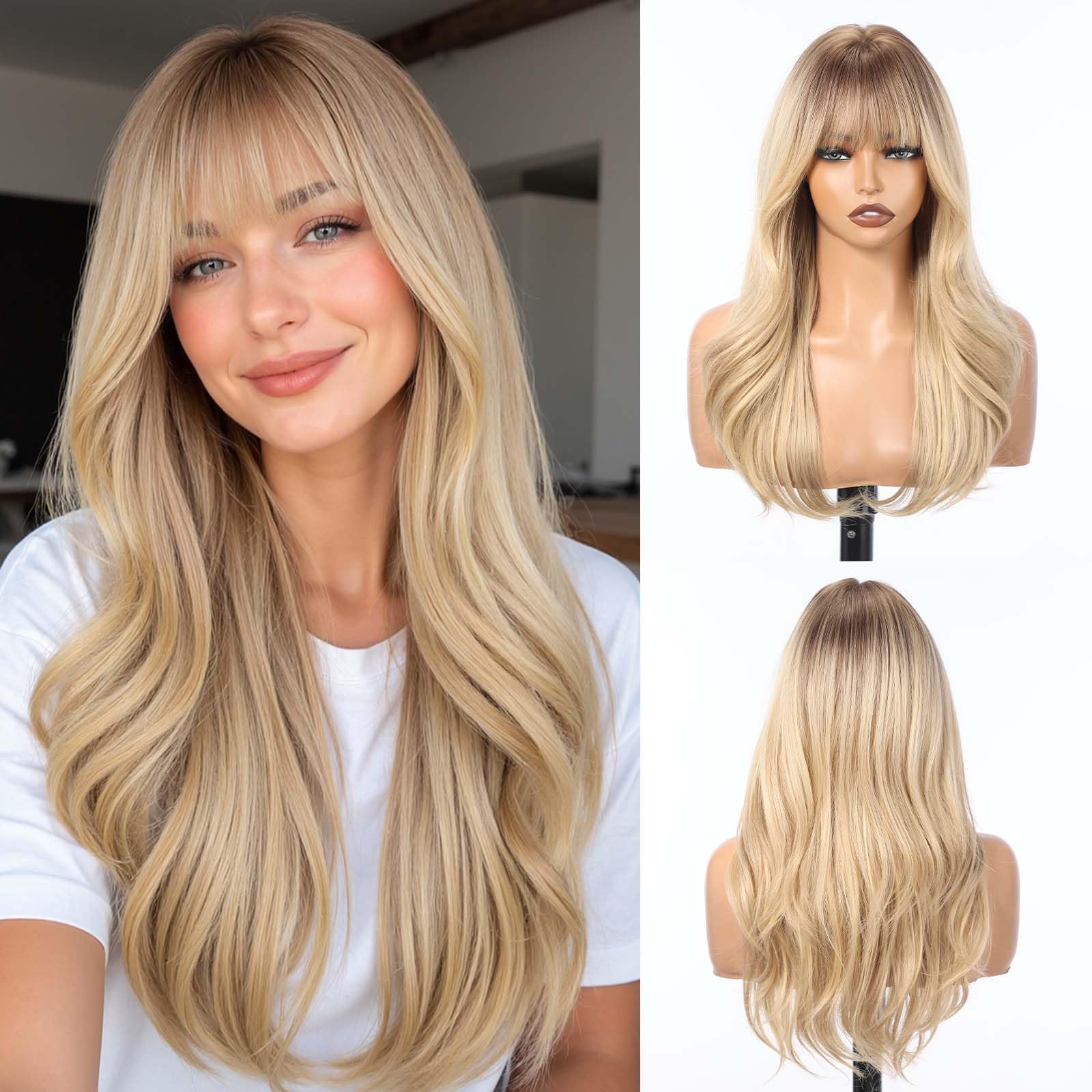 HAIRCUBE Wigs for Women Blonde with Dark Root Wig with Bangs,Long Natural Wavy Synthetic Heat Resistant Curly Wig for Daily Party Cosplay 22Inch