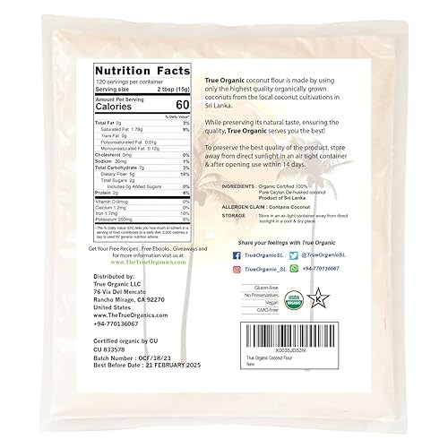Miniatura 2 de True Organic Harina de coco de Ceilán, bolsa a granel de 4 libras / 64 onzas, certificado orgánico, certificado USDA y Kosher, sin OMG, harina de