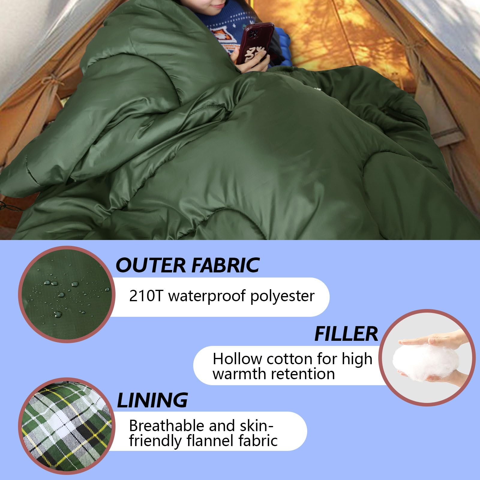 Sacs de couchage pour adultes en flanelle de coton léger avec trous de fermeture éclair pour bras XXL avec oreiller sac de compression pour le camping en plein air, la randonnée
