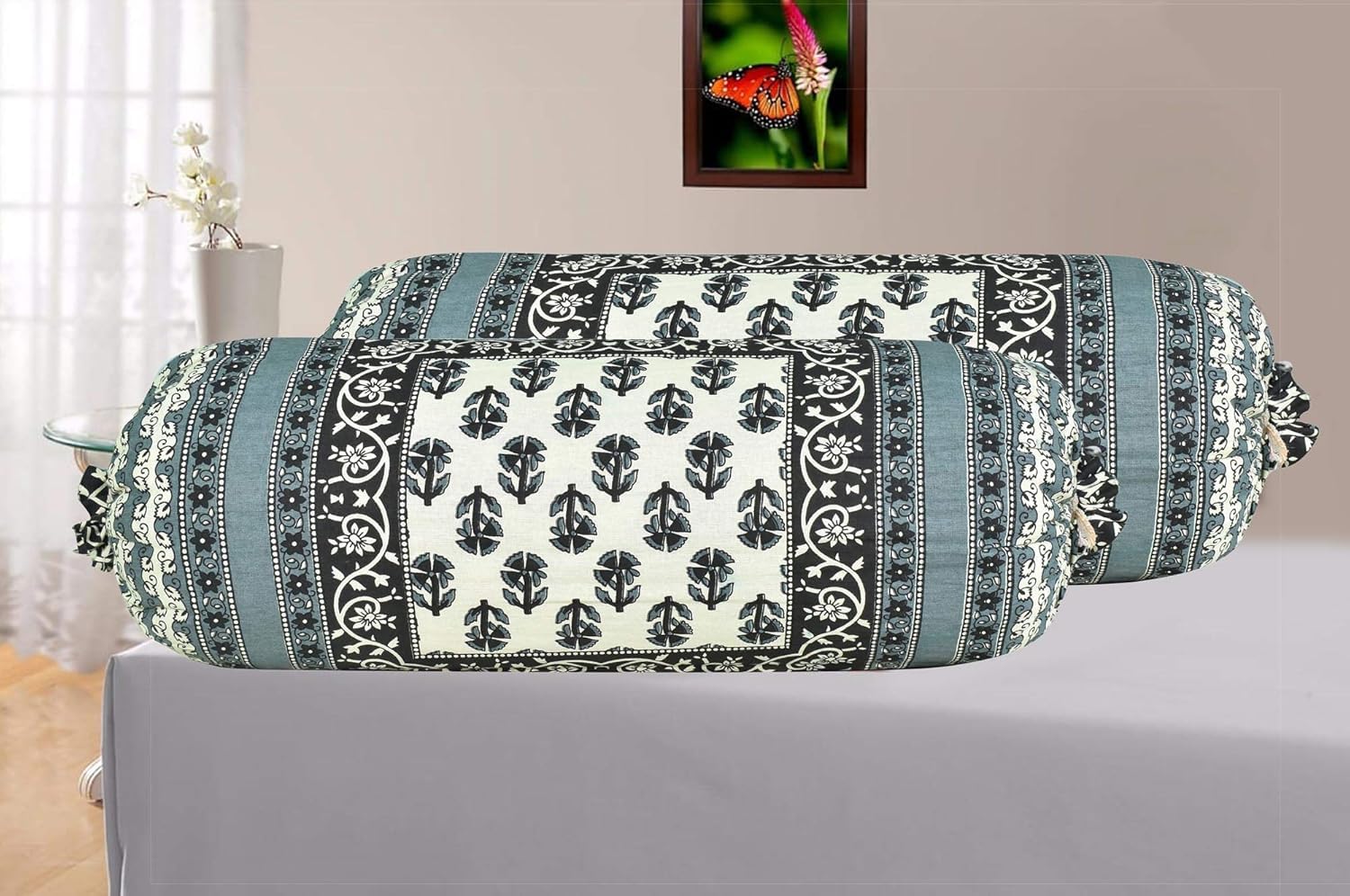 TENFIT Checkered Print 100% Pure Soft & Breathable Cotton Bolster Cover| Round Decorative Pillow Cover for Diwan & Bedside | Masand Pillowcases (Black)