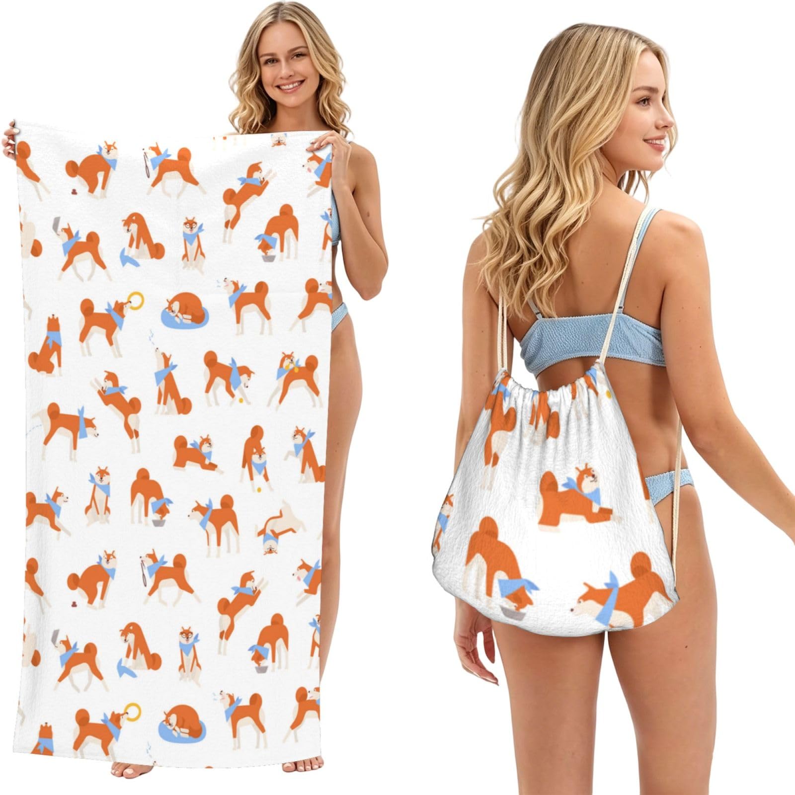 Poadnly As Picture Adorable Akita Inu, 2 In 1 Packable Towel Bag, Beach Towels With Drawstring Backpack For Travel Holiday Camping