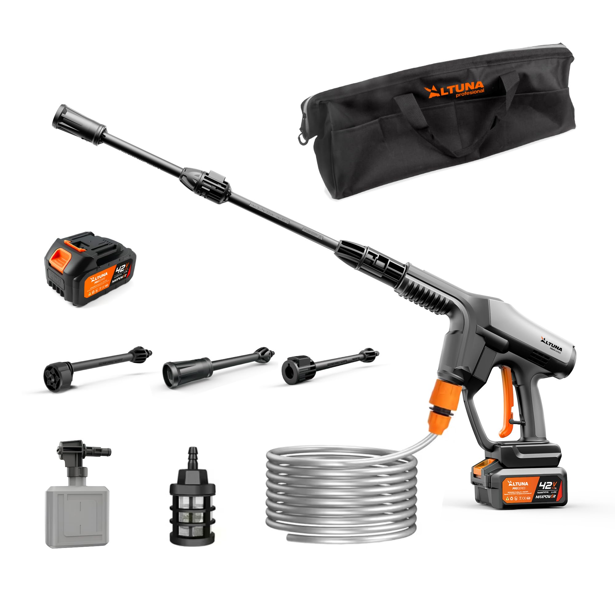 Altuna Hidrolimpiadora a Batería 42V – Pistola a Presión 55 Bar – Bomba de Aluminio – Toma de Agua Desde Cubo, Tanque o Grifo – Paro Automático TSS – Limpieza Exterior, Coche y Terraza – AH02