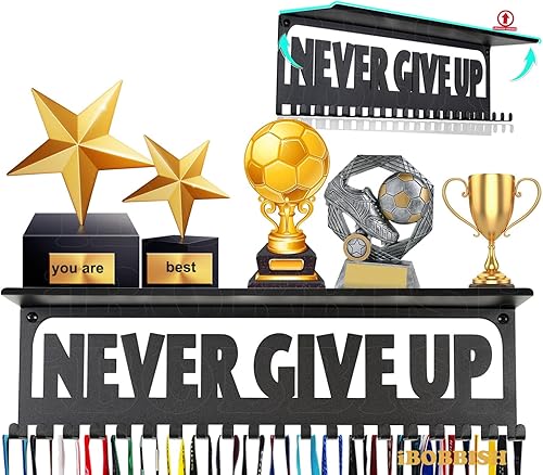 Metal Medal Hanger Display,Non-Slip Trophy Shelf with 20 Hooks,Wall Mount,Heavy Duty,Non-Bent,Holds 22-33lbs,for Gymnastics,Race,Soccer,Swim Negro