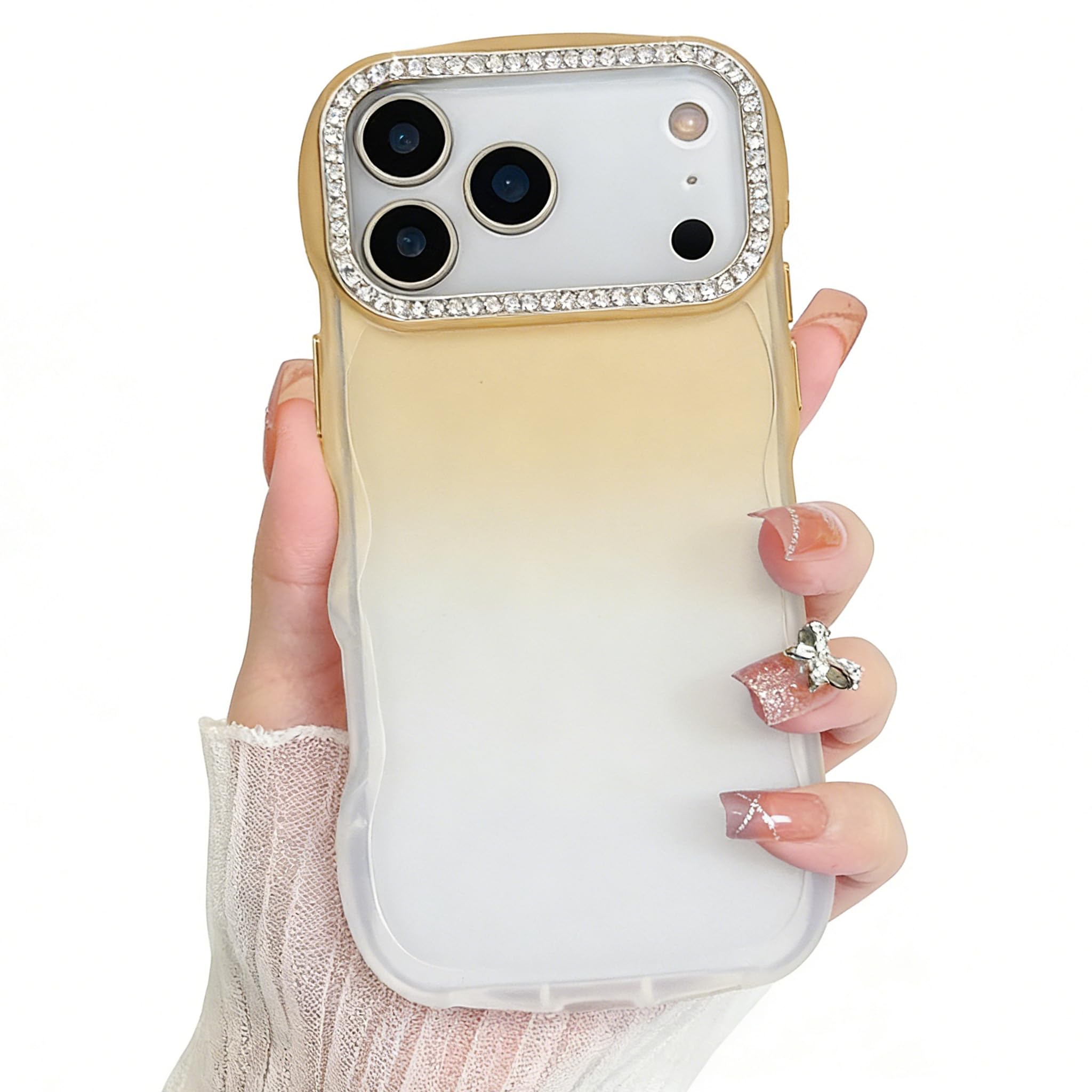 Coque iPhone 17 Pro Max design ondulé chic et détails diamantés beige de luxe - 8