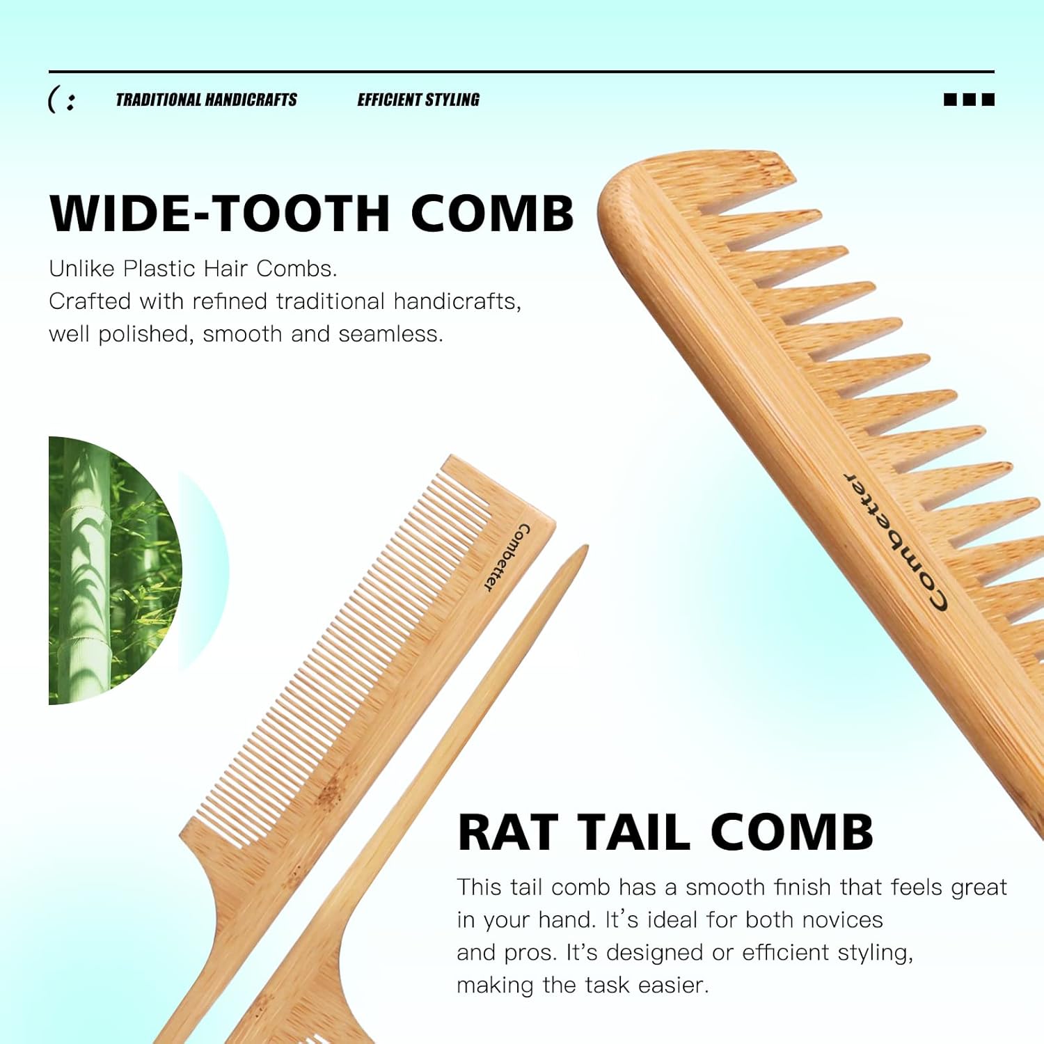 Combeter Bamboo Hair Brush and Comb Set (4PCS) – Natural & Eco-Friendly Detangler Comb for Women, Men & Kid, Reduces Frizz, Promotes Healthy Hair Growth – Wooden Paddle Brush with Scalp Massage - Image 5