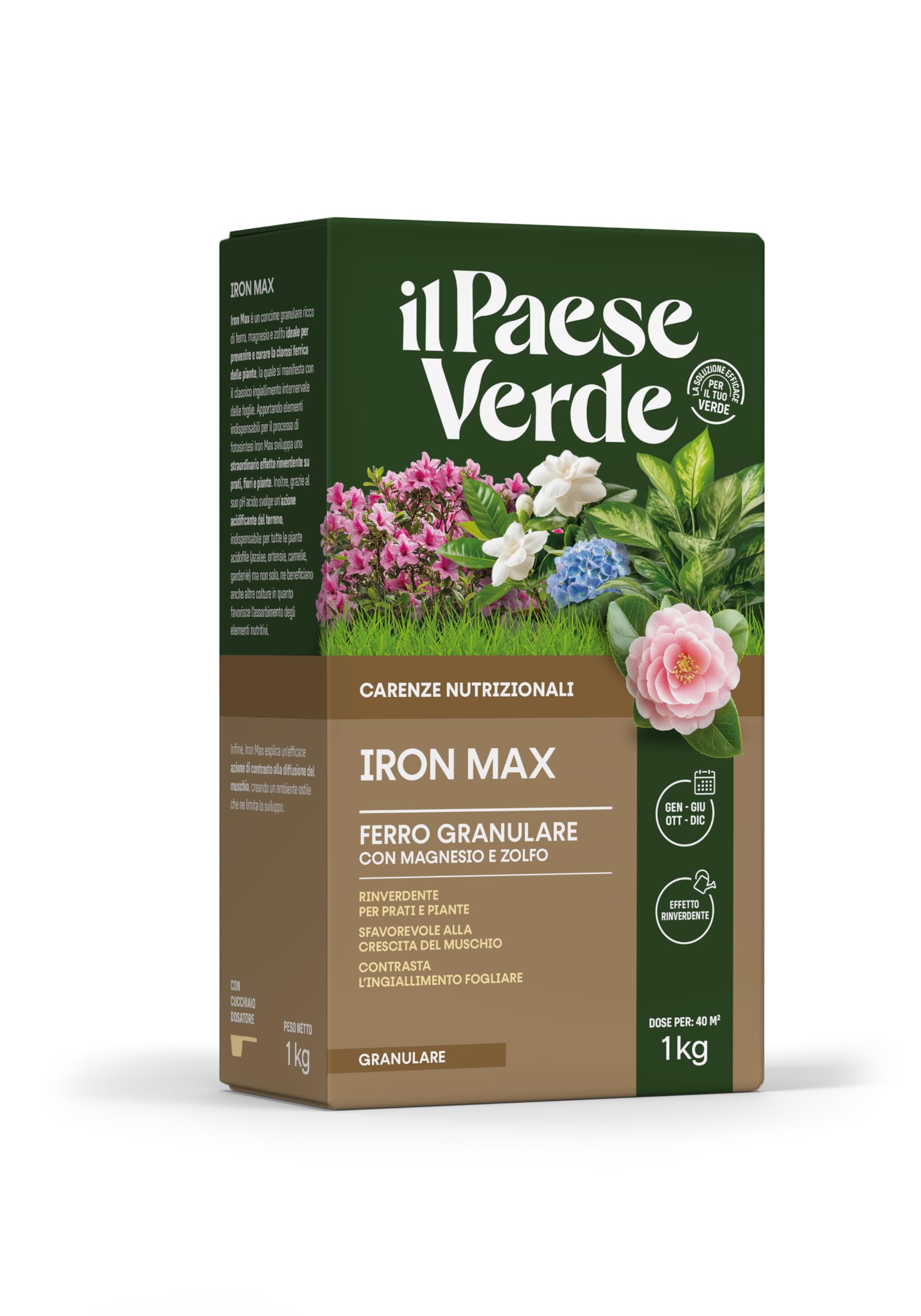 Il Paese Verde Iron Max - Solfato Di Ferro Granulare Antimuschio Per Prato E Rinverdente Per Piante Con Azione Acidificante Terreno, Concime Prato Granulare Ricco Di Ferro, Magnesio E Zolfo - 1KG