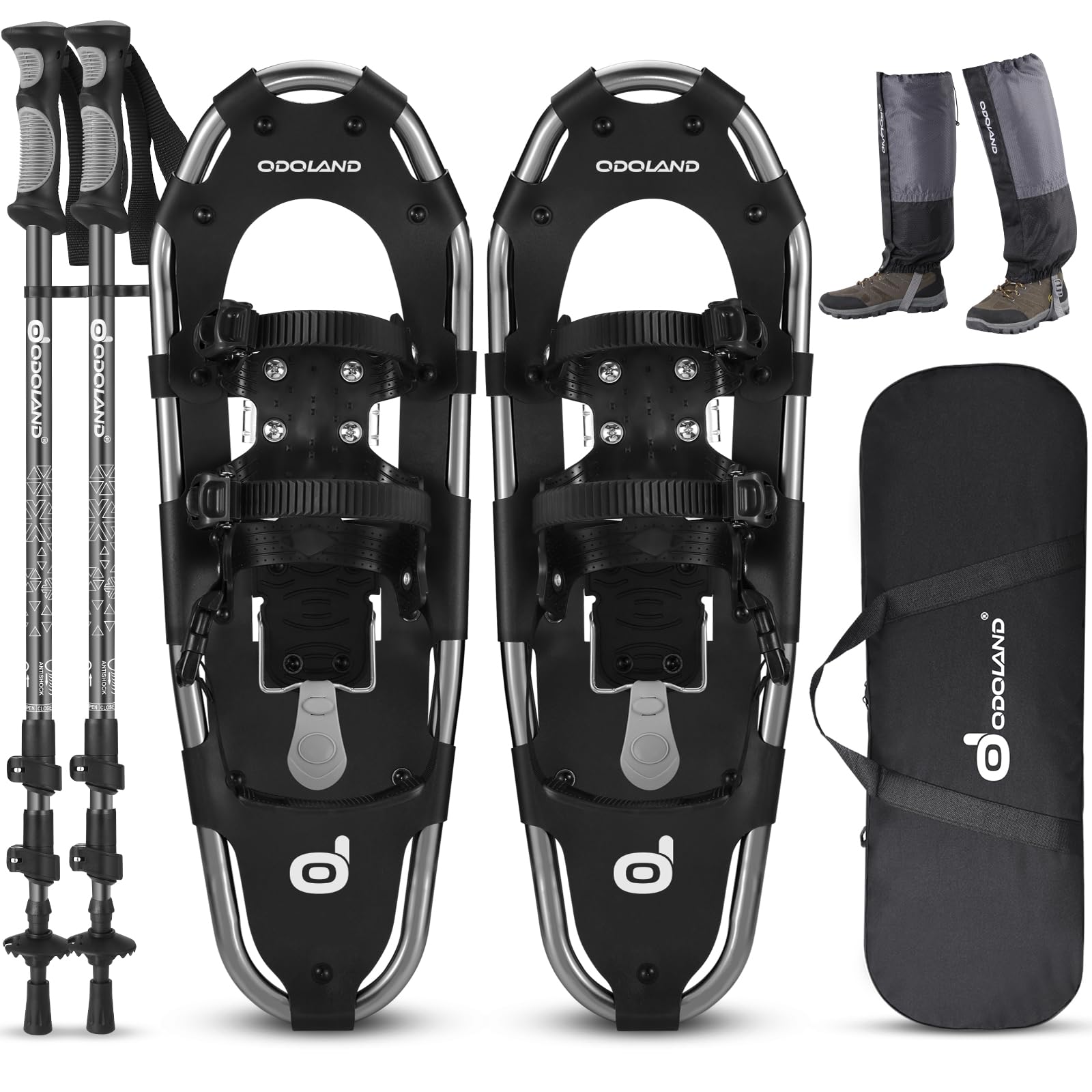 Odoland Schneeschuhe mit Steighilfe Allround 4 IN 1 für Damen und Herren mit Wanderstöcken, Wasserdichten Gamaschen und Tragetasche, ab Schuhgröße 21 INCH/ 25 INCH / 30 INCH