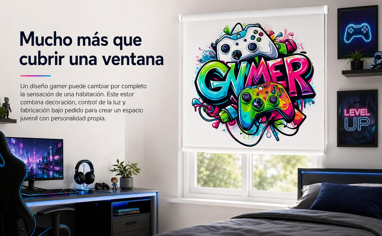 Estores Iroa – Estor Enrollable Juvenil Gamer para Habitación de Adolescente – Tejido Translúcido Impreso, Fabricado Bajo Pedido en España, Incluye Mecanismo y Soportes – Gamer 05 (100x170)