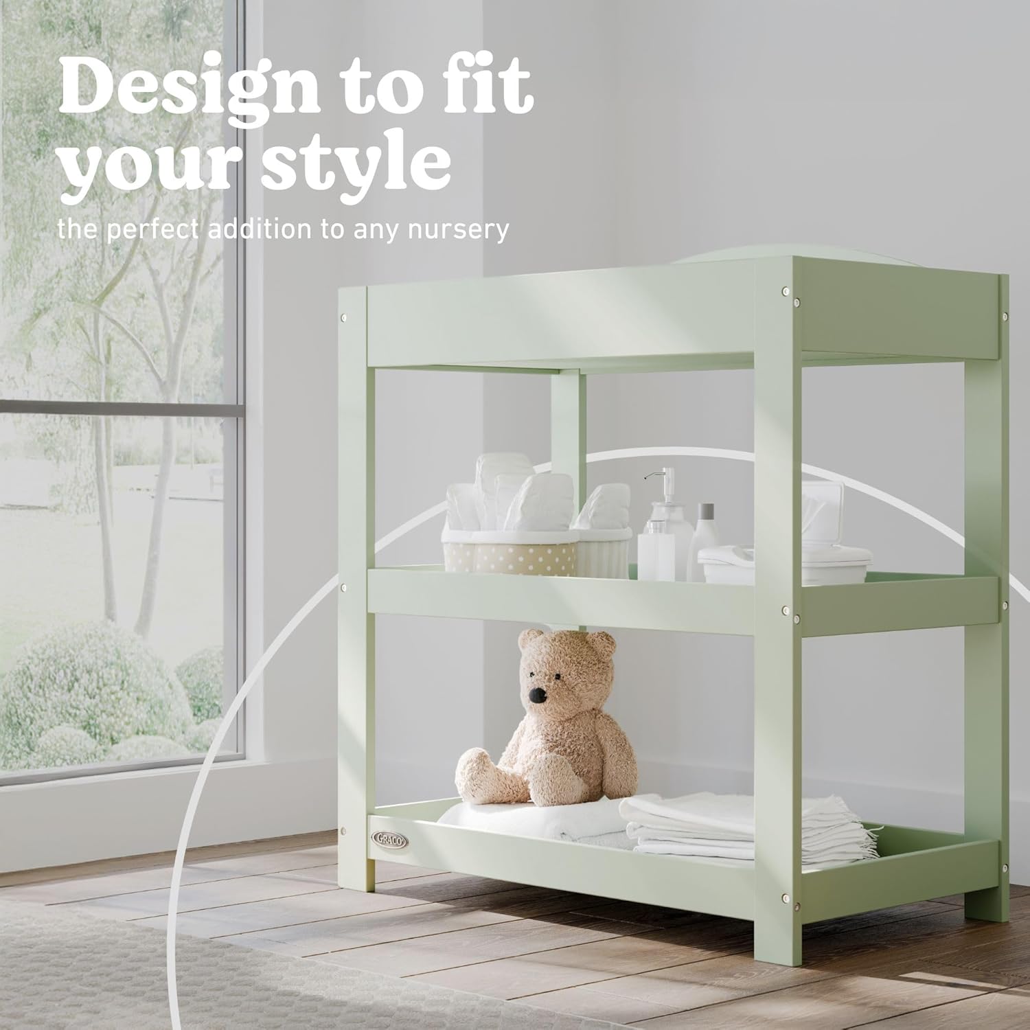 Graco Customizable Changing Table with Water-Resistant Changing Pad (Sage) - Customizable Modern Flat or Classic Arched Headboard, Changing Pad Included