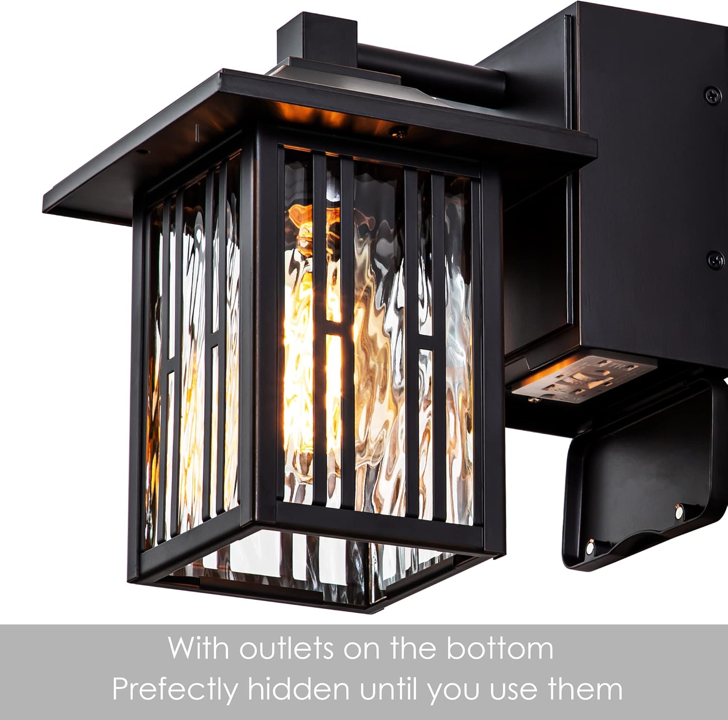 Outdoor Porch Lights with GFCI Outlet, Black Exterior Lights Fixture for House, Outside Wall Lights Wall Mount with Water Ripple Glass, Waterproof Patio Wall Sconce for Garage, Front Door