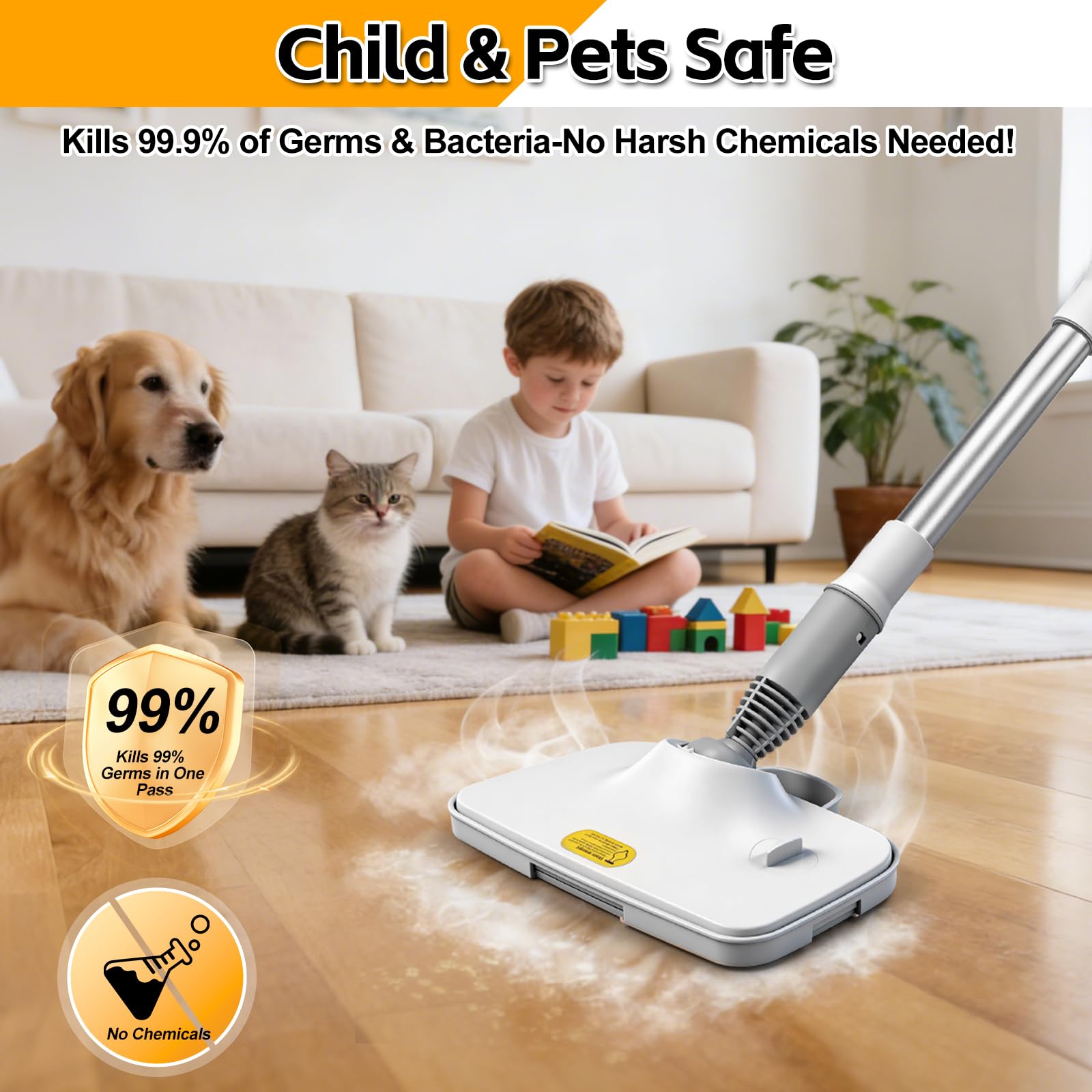 Limpiador de vapor multifuncional y mopa – 99,9% de desinfección, mopa a vapor con 3 niveles de vapor, depósito de agua de 300 ml, para suelos duros y alfombras, 1500 W (blanco)