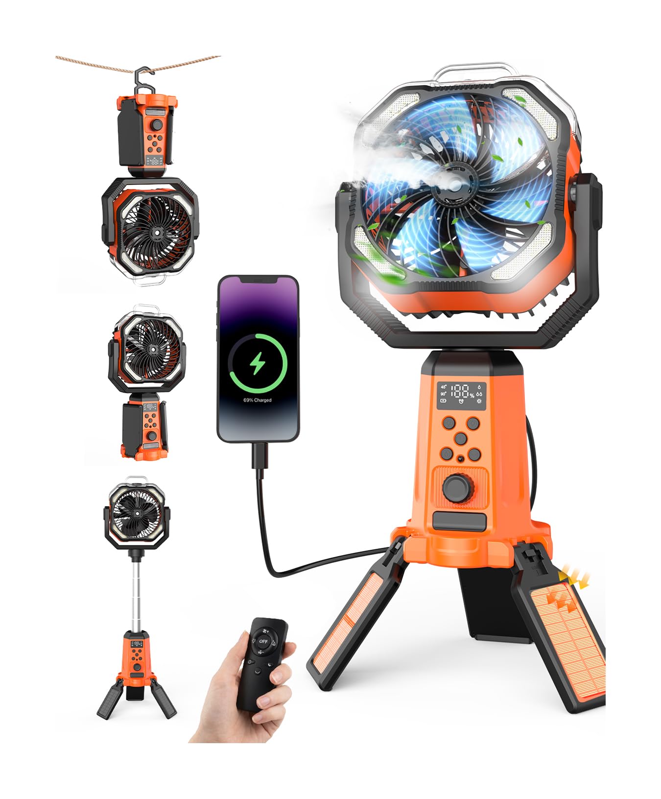 Photo 1 of 24000mAh Solar Camping Fan with Stand, Rechargeable Battery Operated Oscillating Fan with Remote&LED Light, Height Adjustable Misting Tent Fan, Timer, Hook, Portable Tent Fan for Picnic travel