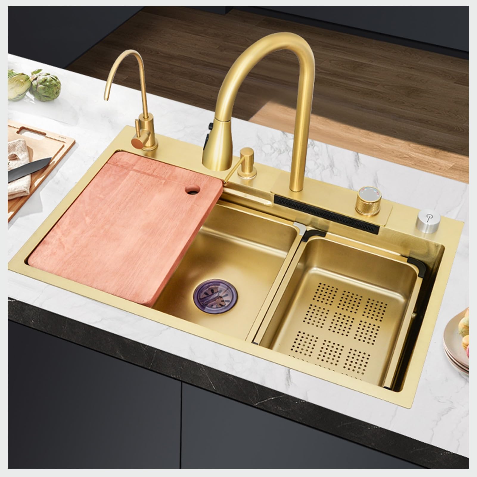 HYSOPSPX Waterfall Kitchen Utility Sink, Modern Multifunctional Workstation Sinks, with Pull-Out Faucet Nano-Coated Topmount Single, for Kitchens, Outdoor Spaces and RV.(Gold-A,80X45X21CM)