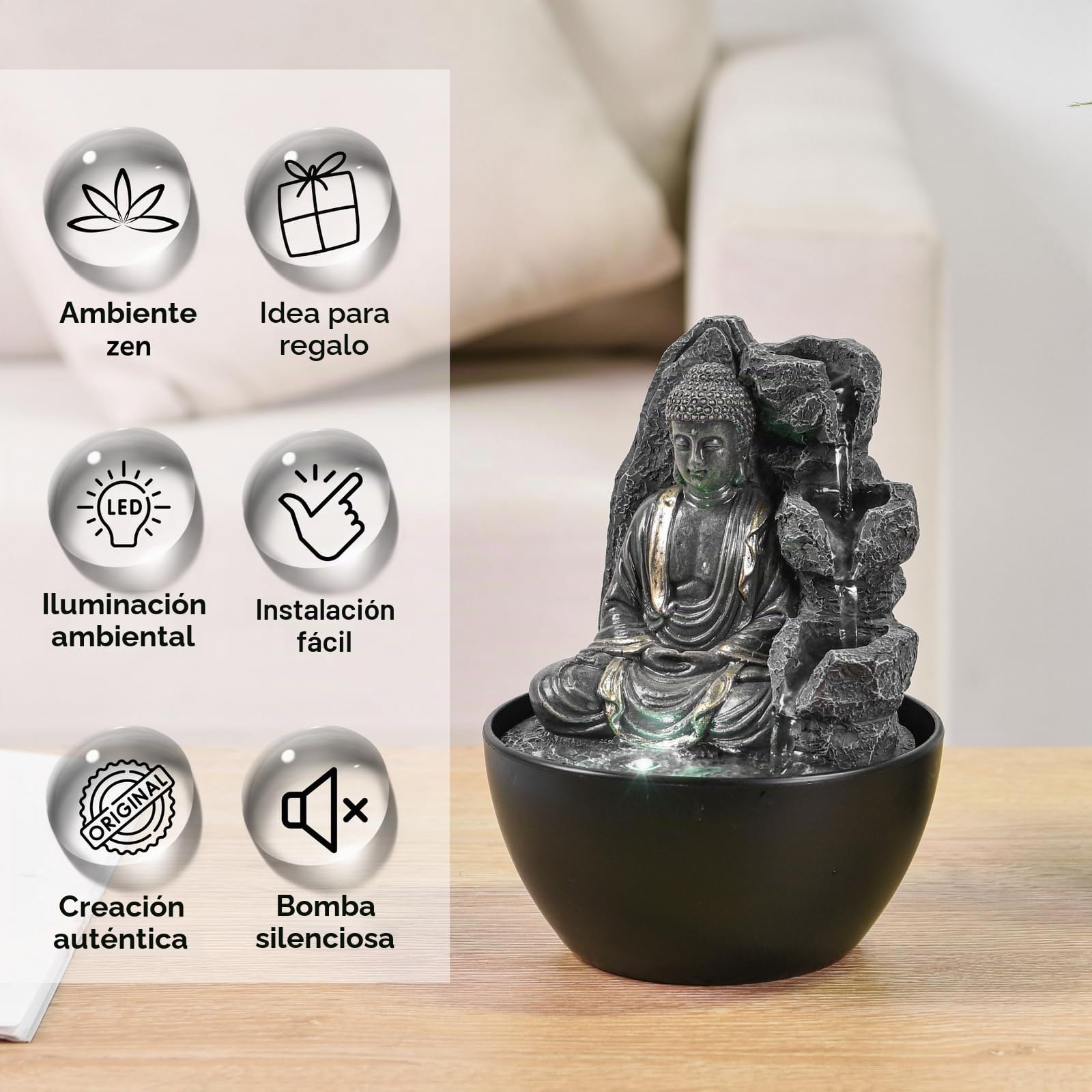 Fuente de Interior de Buda Relajante – Fuente Cascade – Decoración Zen Feng Shui – Idea de Regalo Elegante y útil – Fuente de Mesa con luz LED – 18 cm – Revata Zen'Light