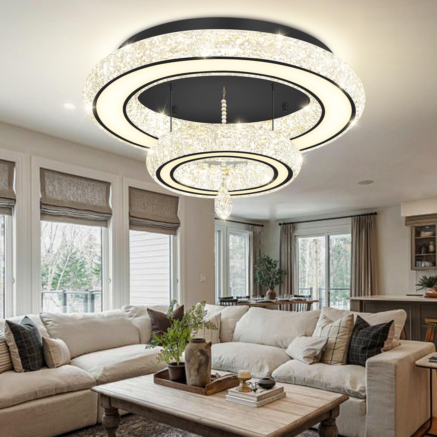 Glam Crystal Ring Chandeliers for Living Room Black 24in Modern Led Flush Mount Chandelier with K9 Crystal Raindrop