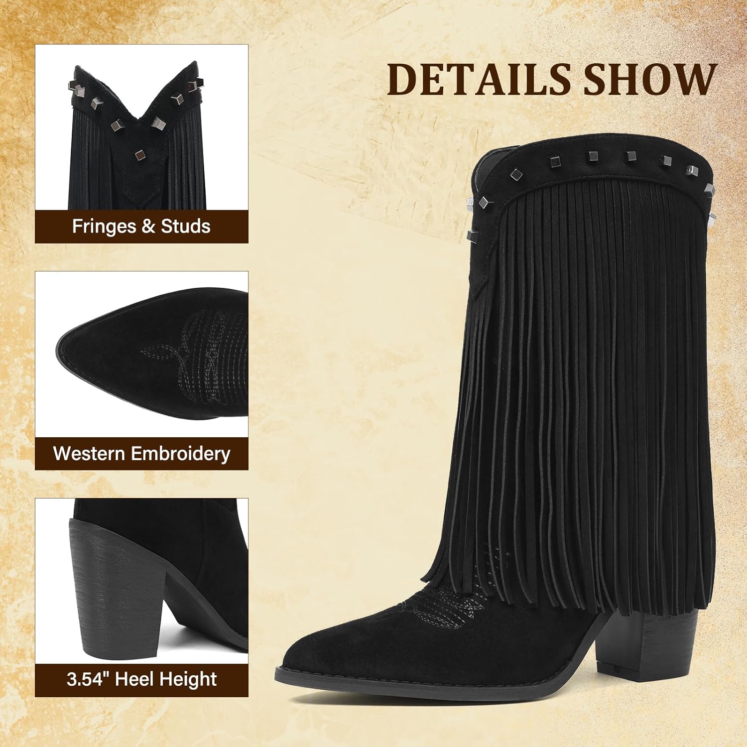 CYNLLIO Fringe Cowboy Boots for Women Cowgirl Western Mid Calf Pull On Boot Pointed Toe Chunky Heel Vaqueras Botas w/Embroidery Studded for Country Concert Rodeo