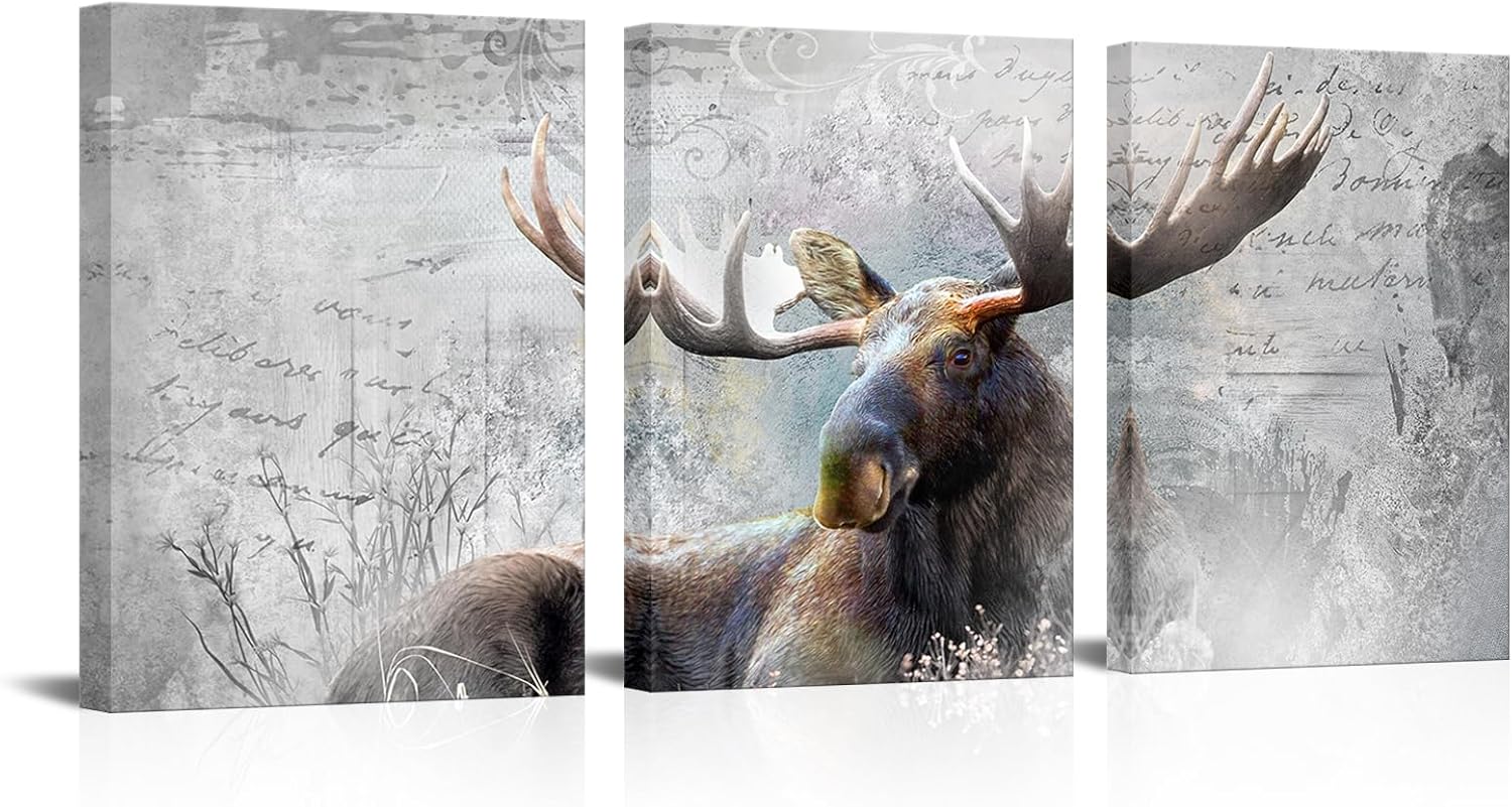 Apicoture Moose Wall Art - Woodland Animal Deer Moose Wall Decor Wildlife Paintings For Cabin Decor Rustic Country Log Wall Decorations Hunting (12"X16"X3panel)