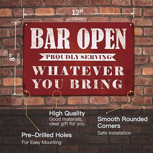 Miniatura 2 de YOYI ART Letreros de barra de metal vintage para el hogar – Bar Open Whatever You Bring, carteles retro de cerveza de estaño para cueva de hombre,