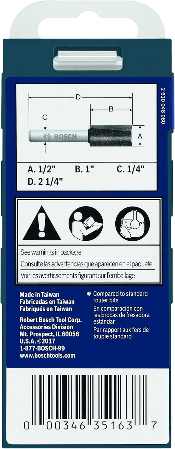 Bosch 85227M 1/2 In. x 1 In. Carbide Tipped 2-Flute Straight Bit