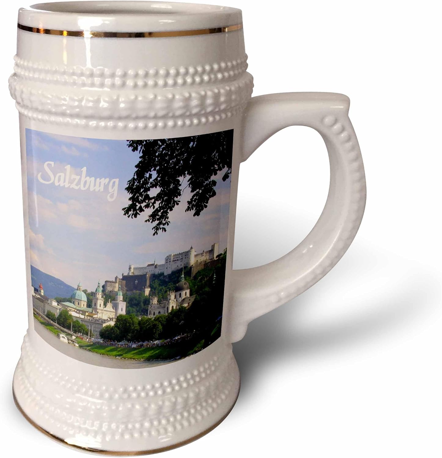 3dRose Salzburg Sunny River-Side Photography-Beautiful Cities in Europe-Austria-Austrian Towns Mug, 18oz (STN_155614_1), 22oz Stein, White