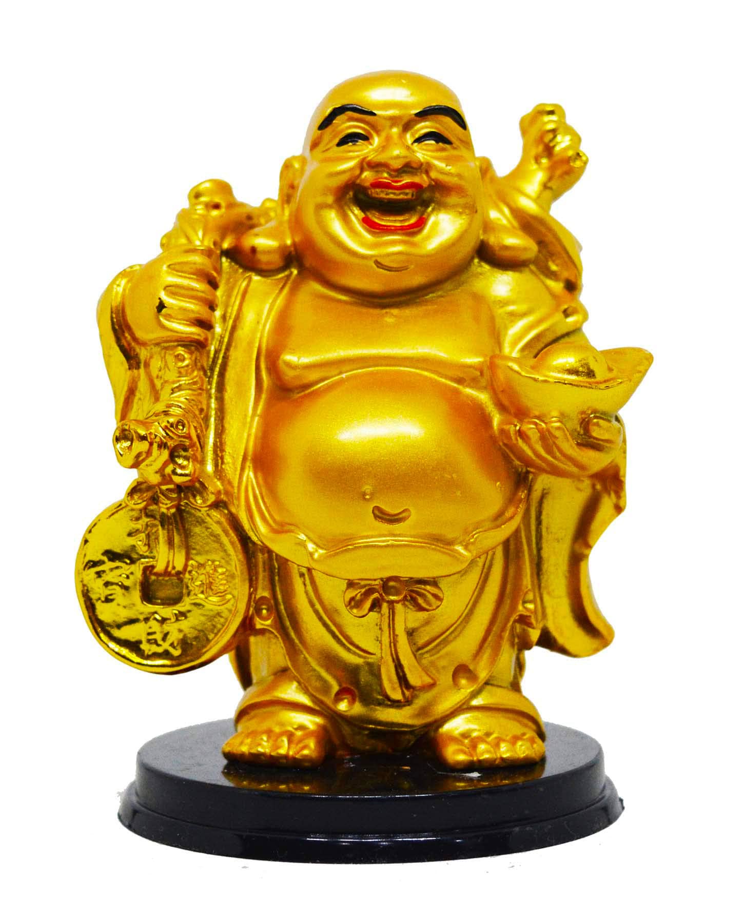 Polyresin Golden Set of 1 Holding Money Bag & Chinese Ingot Happy Man, Small Size, Height-10cm for Office Decor, Home Decoration